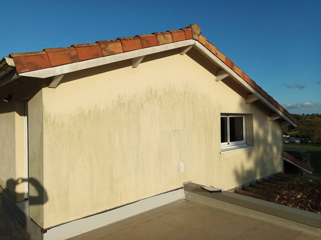 Décollement d’enduit accompagné de fissurations visibles sur une façade, montrant une perte d’adhérence et un support fragilisé.